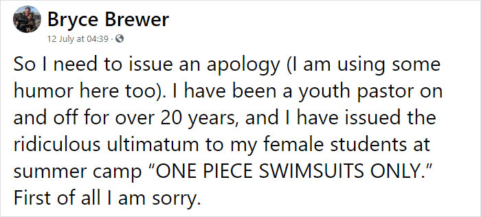 Pastor Issues An Apology For Making Girls Wear One-Piece Swimsuits, And His Honest Letter Goes Viral 2