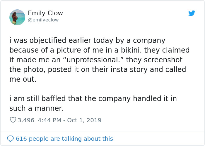 Girl Applies For Internship, But The Company Shares A Photo They Found Of Her In A Bikini, Saying She Won’t Get It 2