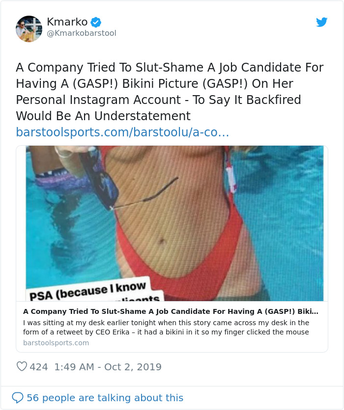 Girl Applies For Internship, But The Company Shares A Photo They Found Of Her In A Bikini, Saying She Won’t Get It 4