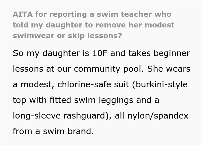 Swim Coach Insists 10YO Removes Parts Of Her Modest Swimwear Or Miss The Lesson, Parent Is Livid 2