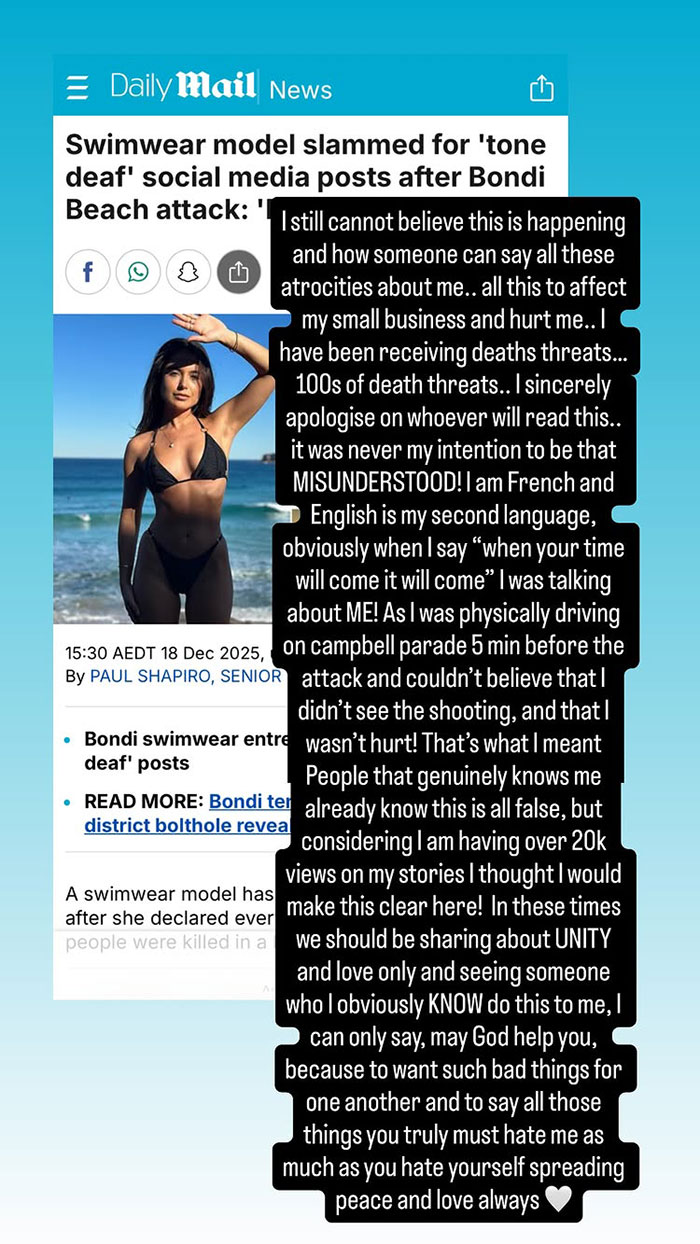 Swimwear Model Sparks Outrage With ‘Tone Deaf’ Posts Shortly After Bondi Beach Attack 11